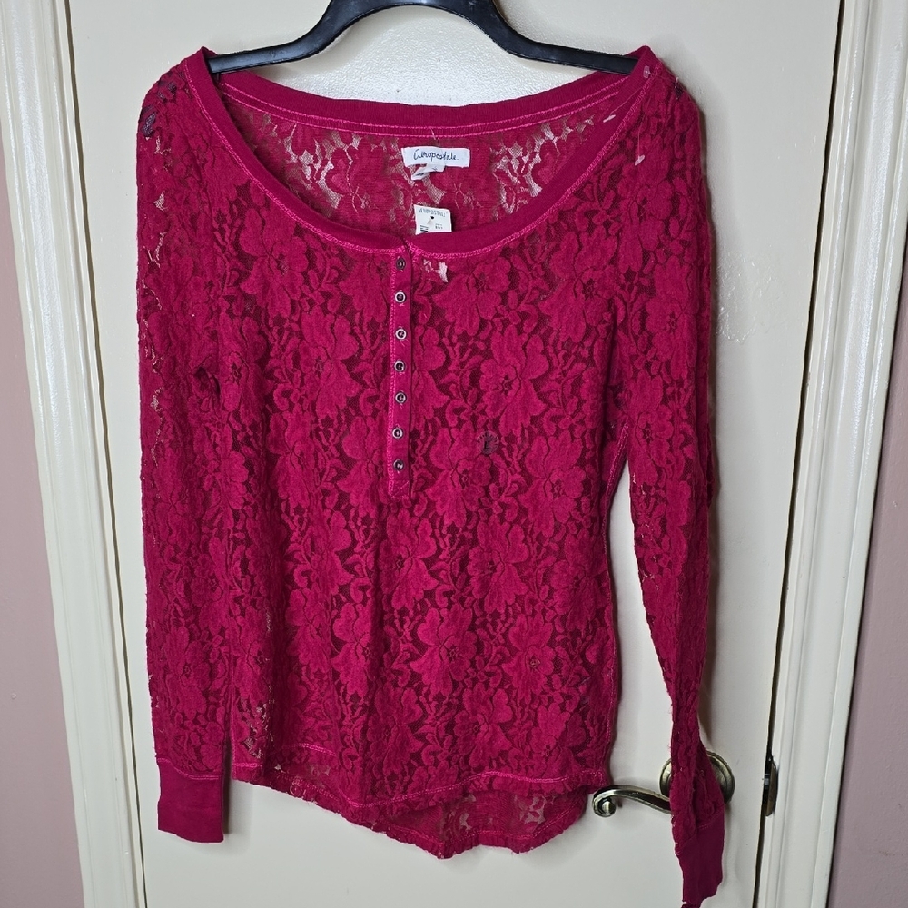 Aeropostale Red Lace Sheer Long Sleeve Henley NWT Coquette Feminine